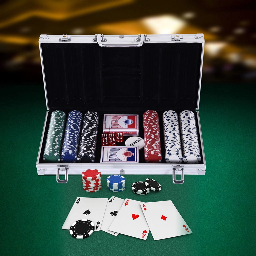 VALIGETTA POKER PROFESSIONALE IN ALLUMINIO, SET CON 300 FICHES E 2 MAZZI PER TEXAS HOLD'EM E BLACKJACK