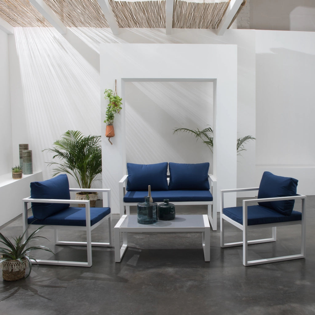 Set di mobili da giardino IBIZA in tessuto blu 4 posti - alluminio bianco