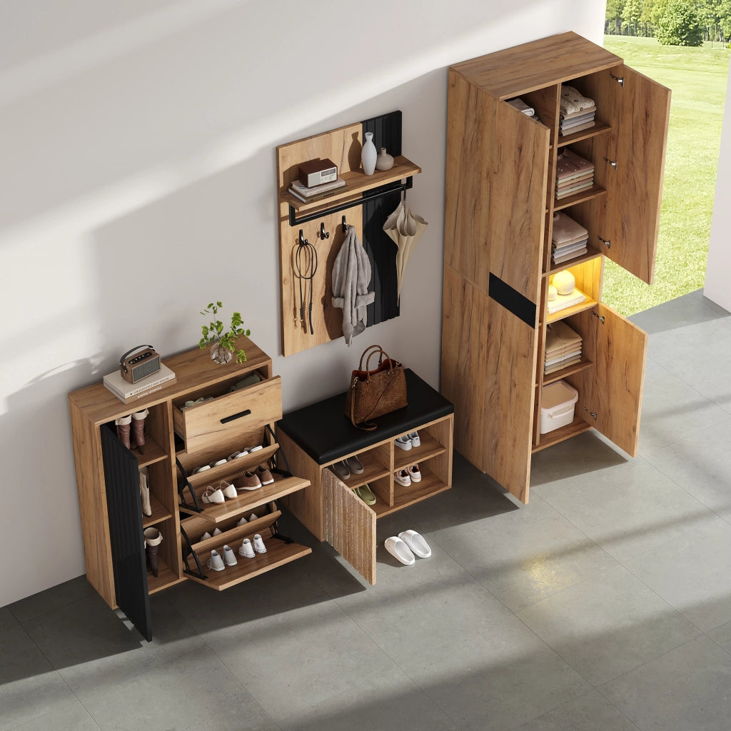 Set guardaroba da parete 4 pezzi con armadio alto, scarpiera, panca e appendiabiti, colore naturale e nero, 215 x 36 x 190 cm
