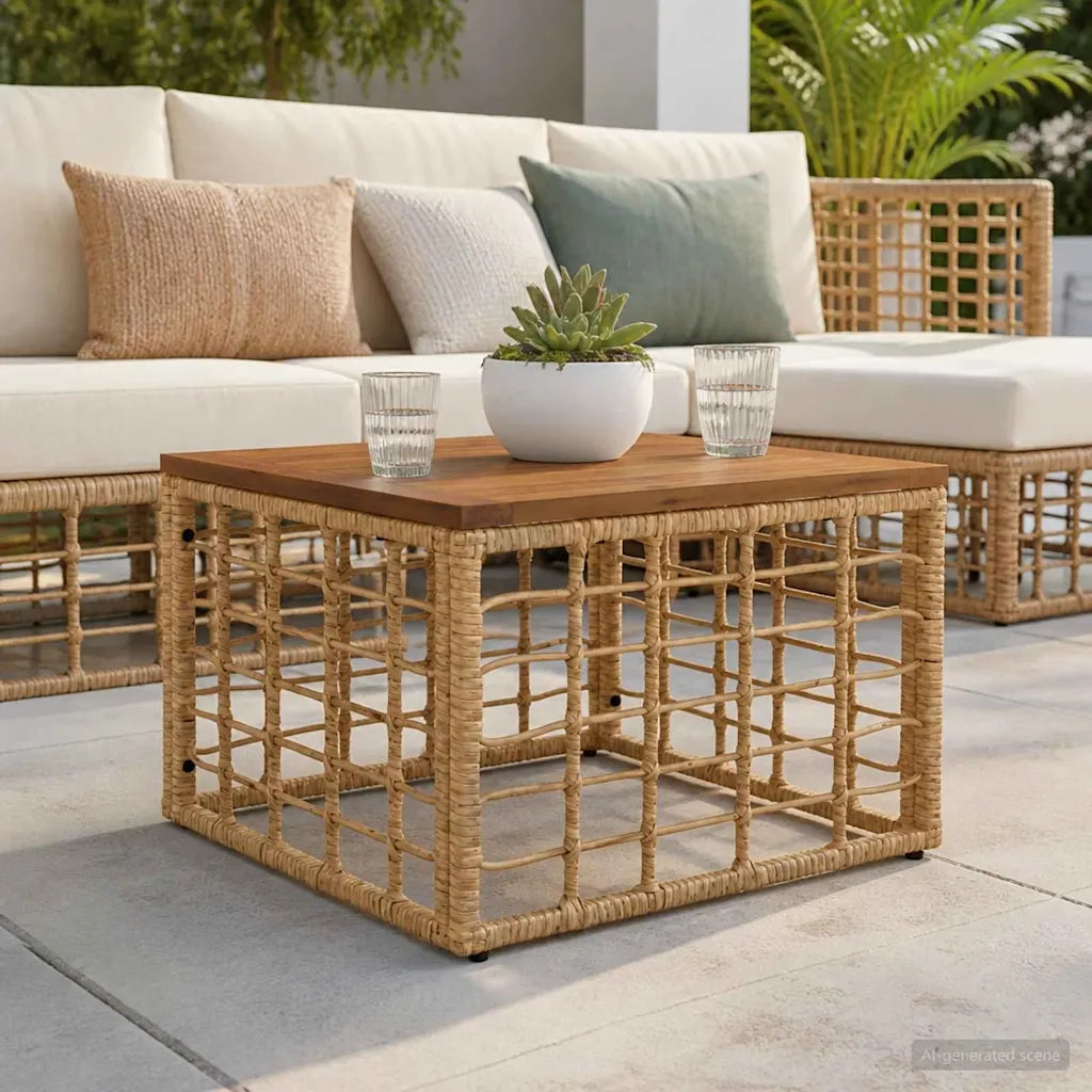Tavolo da Giardino Naturale 55 x 55 x 37 cm Rattan PE e Vetro 42035140
