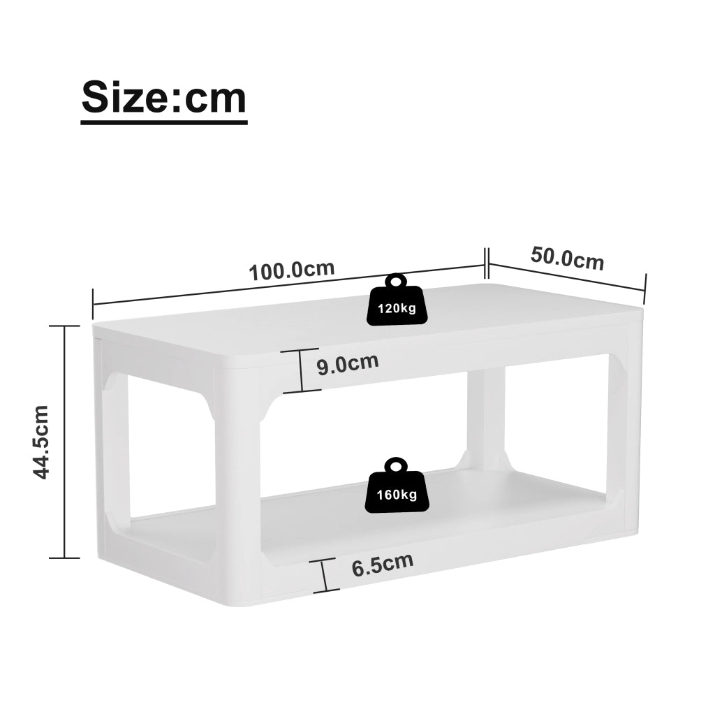 Tavolino da caffè con 2 ripiani portaoggetti; design moderno minimalista; in MDF; bianco; per soggiorno