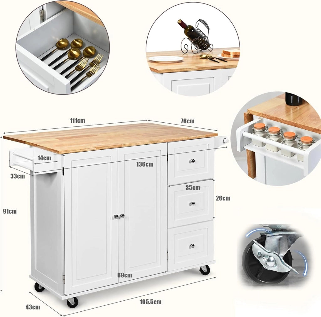 Carrello da Cucina con Pannello Pieghevole Portato fino a 50 kg, Isola da Cucina 43x136x91cm, Carrello Portaoggetti in Legno con Ruote, Multifunzione e Grande, Nero (Bianco)