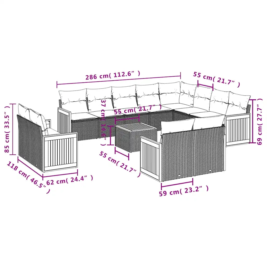Set Divani da Giardino 13 pz con Cuscini Grigio in Polyrattan 3228203