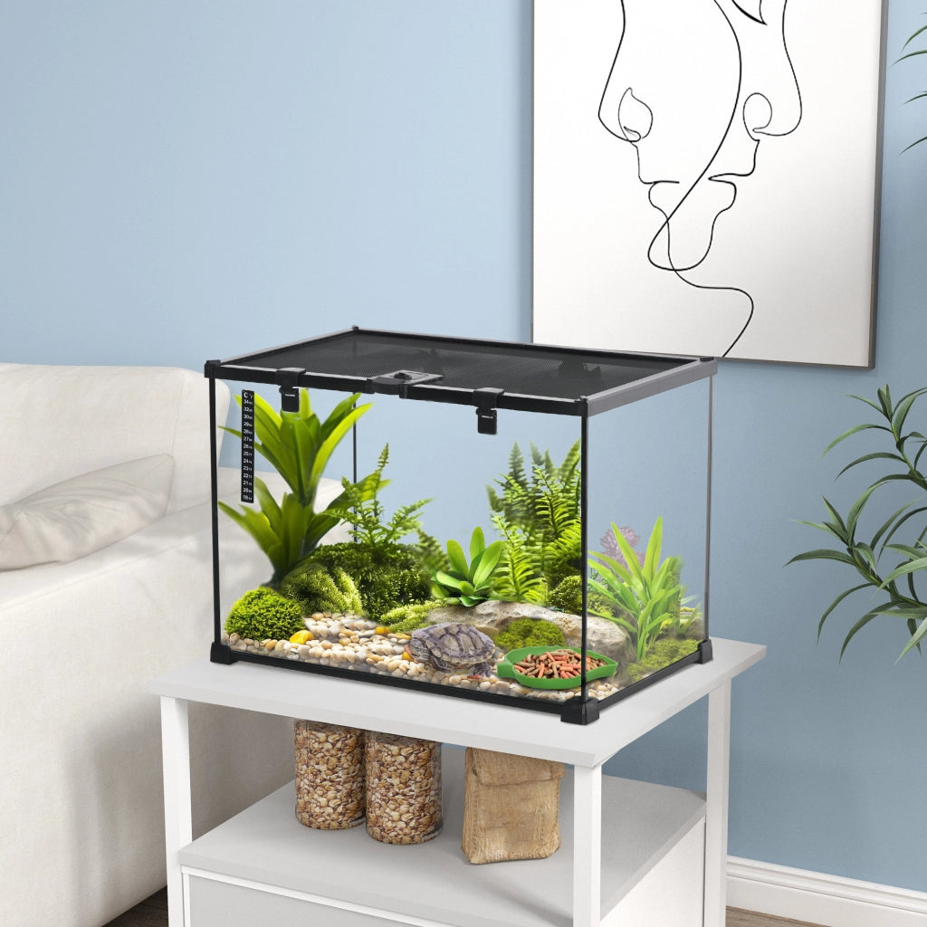 Terrario per Rettili Coperchio Scorrevole con Griglia Metallica e Termometro 50x30x35 cm in Vetro e Metallo Nero