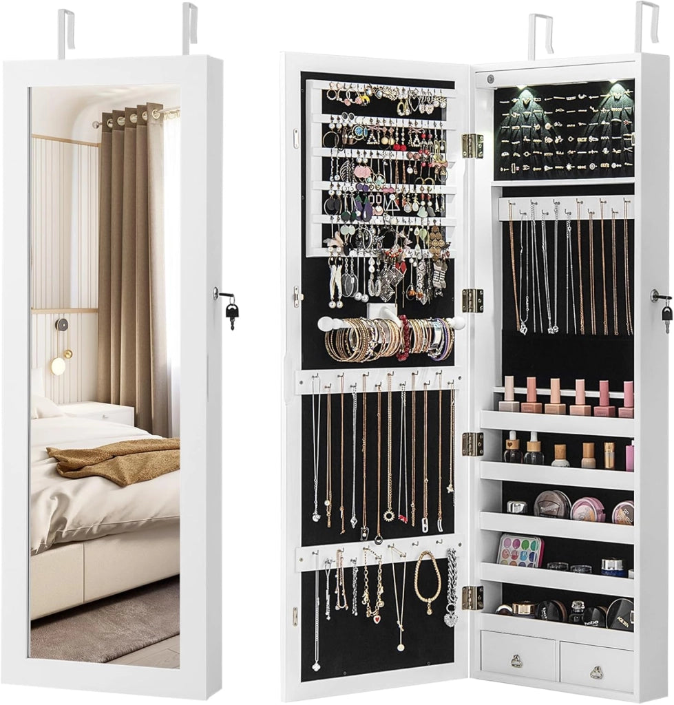Armadio per Gioielli con 2 luci LED, con Specchio a Figura, Organizer Montato al Muro con Ganci Regolabili per Appendere, Armadio Portagioie per Truccarsi (Bianco)