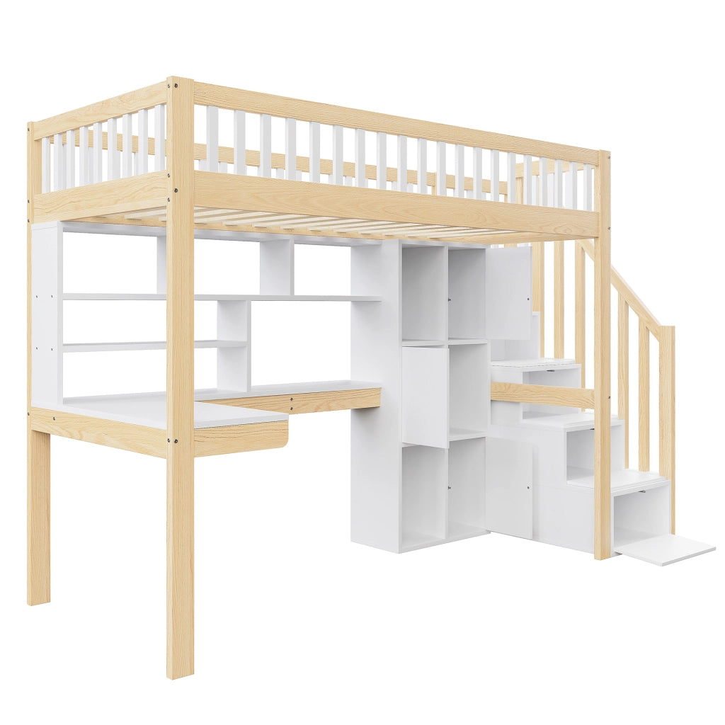 OKWISH Letto a Soppalco 90×200 cm, Letto Singolo con LED, Scala con Contenitori, Mensole e Scrivania, senza Materasso, Bianco e Naturale