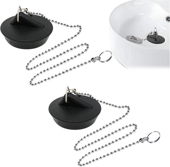 Stopper per Vasca - Gomma - 2 Pezzi - Stopper per Vasca con Catena per Cucina - Bagno - Cucina - Fognatura e Lavello - Nero