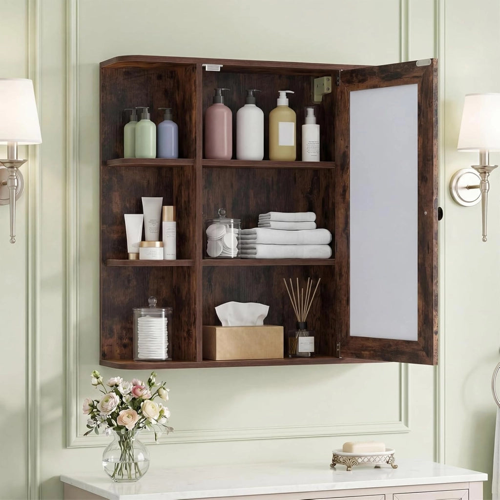 Mobile Bagno da Parete, Armadietto Pensile in Legno con 1 Anta, 6 Scomparti Aperti e 3 Ripiani, Mobiletto da Bagno Salvaspazio per Soggiorno e Camera da Letto, 66 x 16,5 x 63 cm (Marrone)
