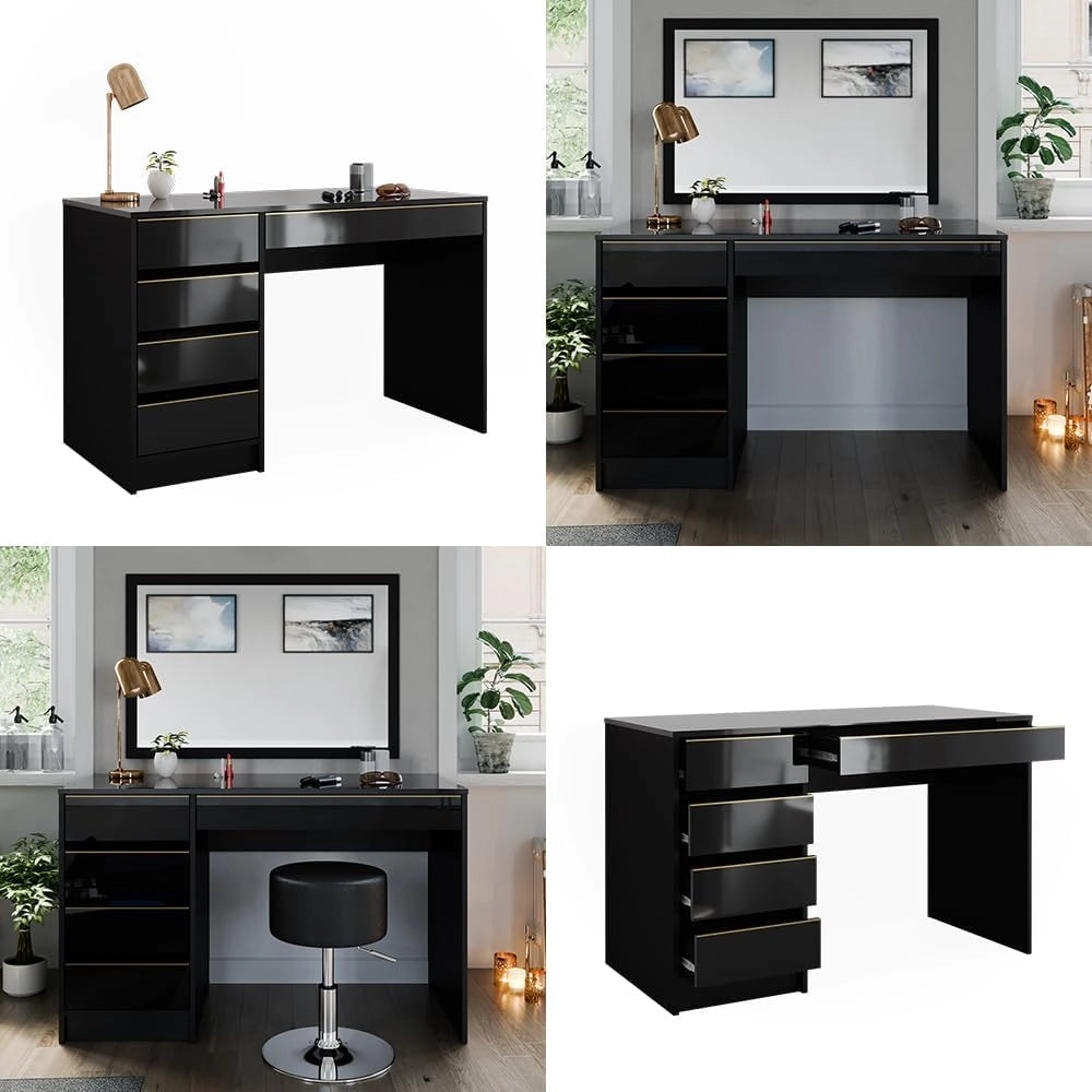 Tavolo da toilette Sherry, Nero/oro, 120 cm Senza specchio, 5 cassetti per diverse esigenze di conservazione