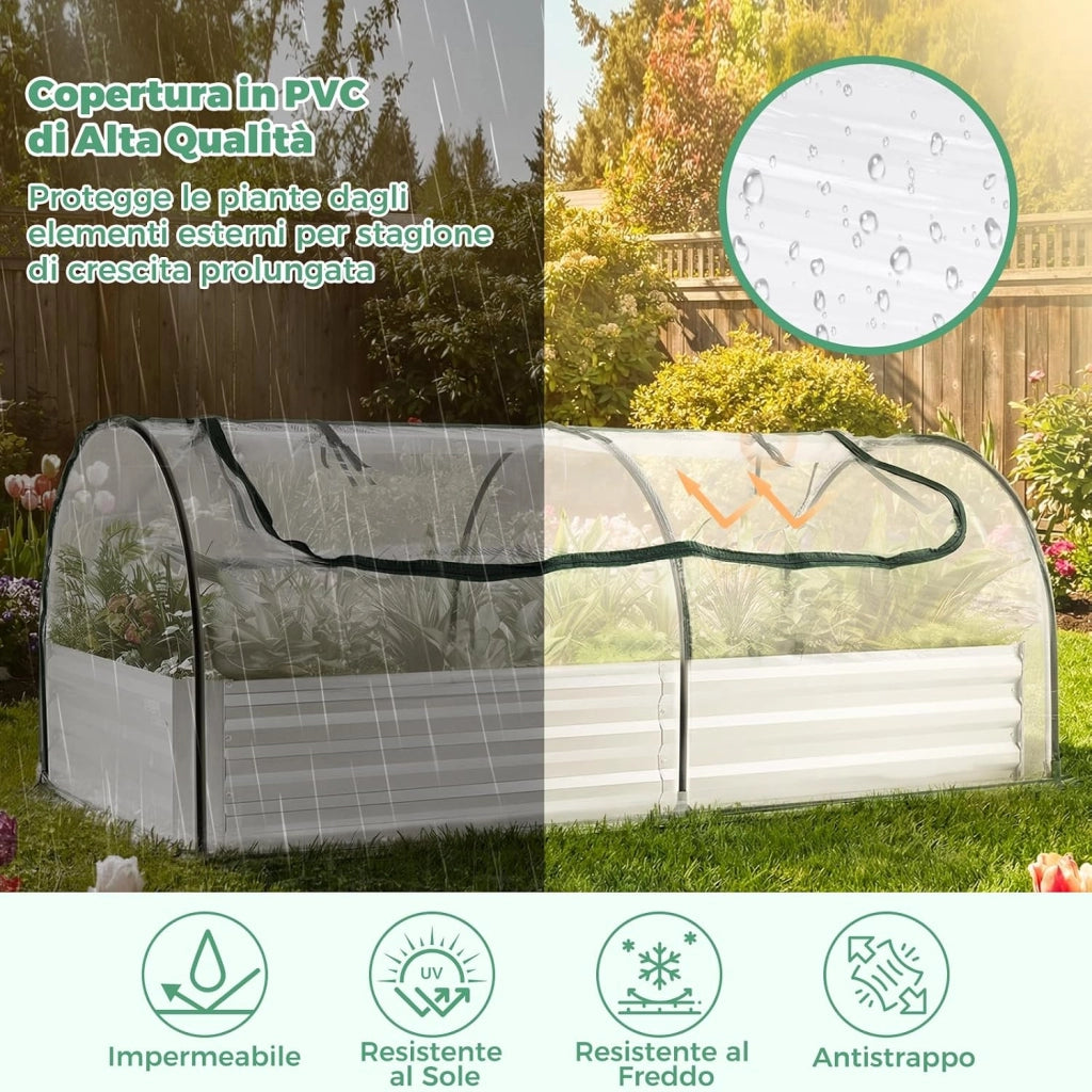 Orto Rialzato Zincato con Serra, Aiuola Senza Fondo con Copertura Trasparente, Fioriere con Finestre Avvolgibili per Giardino e Terrazzo (202 x 101 x 81 cm)