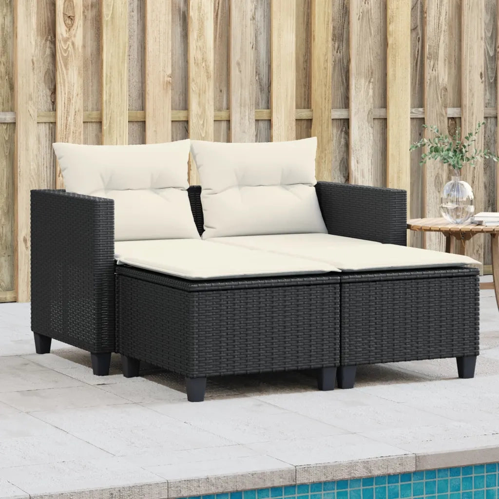 Divano da Giardino 2 Posti con Sgabelli-Sofa da Giardino-Divano da esterno Nero in Polyrattan 289891