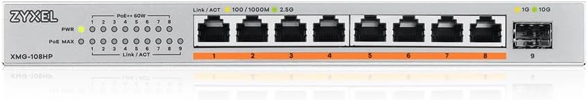 Switch PoE 8 Porte | Unmanaged Multi-Gigabit Switch Ethernet 2.5G | 8x PoE++ Budget 100W + 1x 10Gb SFP+ | Montaggio su Desktop o a Parete [XMG-108HP]