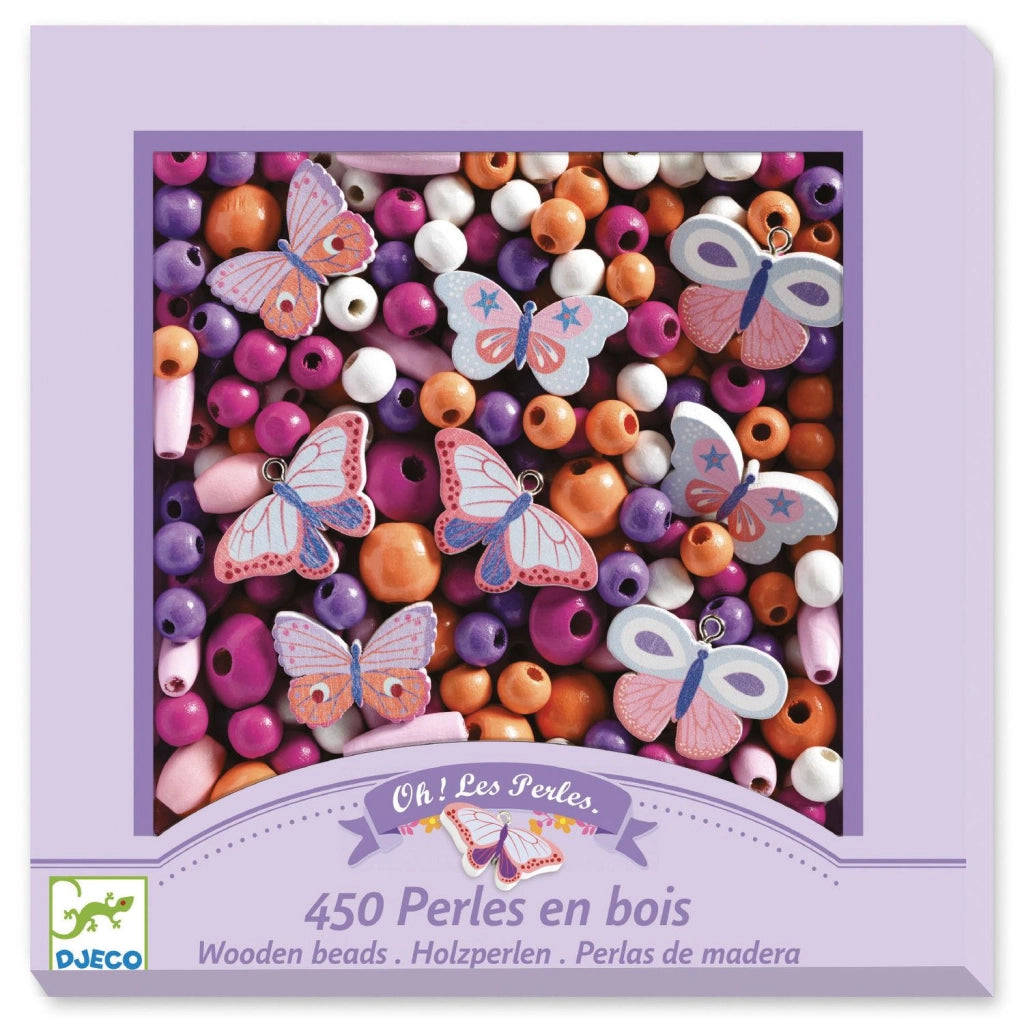 Set perle in legno Farfalle per collana,450 perle filo,Djeco,Eta 4-8 anni
