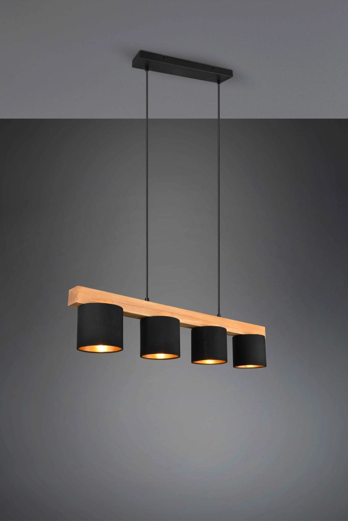 Lampada a sospensione 4 paralumi, legno, nero, L 75 cm, Cameron