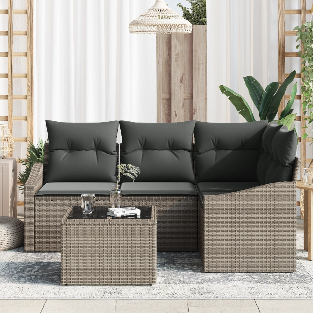 Set da pranzo da giardino di 4 pezzi con cuscini neri in polyrattan