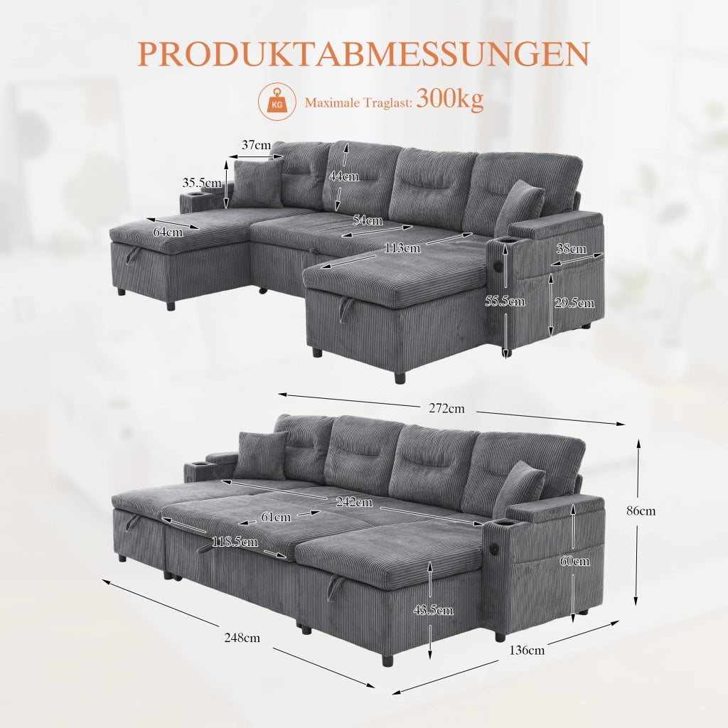 DIVANO 4 POSTI con chaise longue doppia, contenitore, USB-C, Corduroy Grigio Carbonio