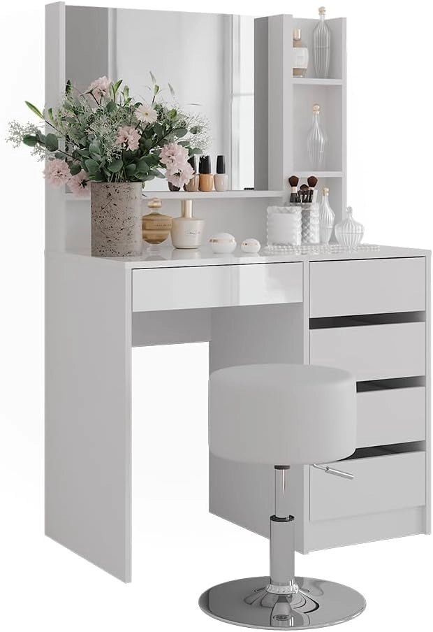 Tavolo da toeletta Sherry, Bianco/bianco lucido, 89.8 cm 4 parti