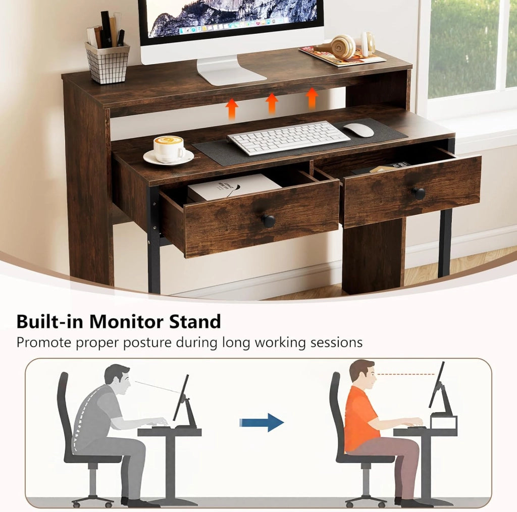 Scrivania per computer con piano estensibile, 100 x 63 x 88 cm, 2 cassetti e ripiano aperto, design compatto con ruote, tavolo da lavoro per camera da letto, ufficio (marrone)