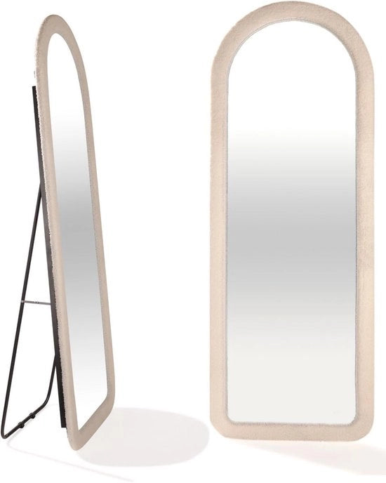 Specchio a muro imbottito - Passamirto ovale - Outfit Check - Pelle di lusso suede - 60x160 cm - Bianco Teddy