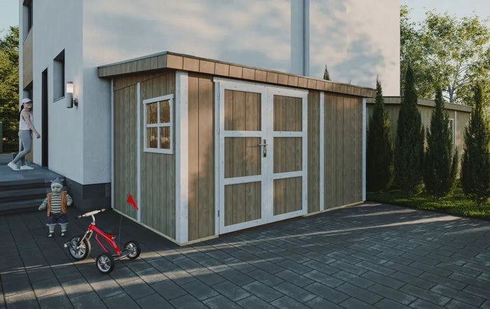 Casetta da giardino di qualità PREMIUM 8,68 mq - H231x248x412 cm - Senza pavimento e parete laterale - Timbela M939B-HARVEST HONEY