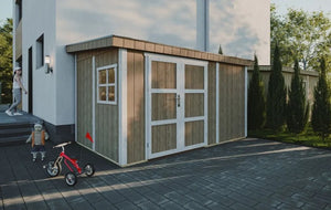 Casetta da giardino di qualità PREMIUM 8,68 mq - H231x248x412 cm - Senza pavimento e parete laterale - Timbela M939B-REDWOOD RED