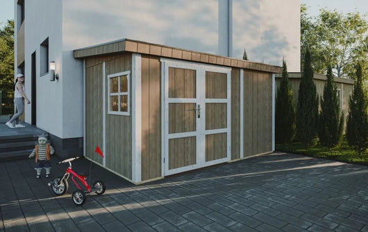 Casetta da giardino di qualità PREMIUM 8,68 mq - H231x248x412 cm - Senza pavimento e parete laterale - Timbela M939B-TUNDRA GREY