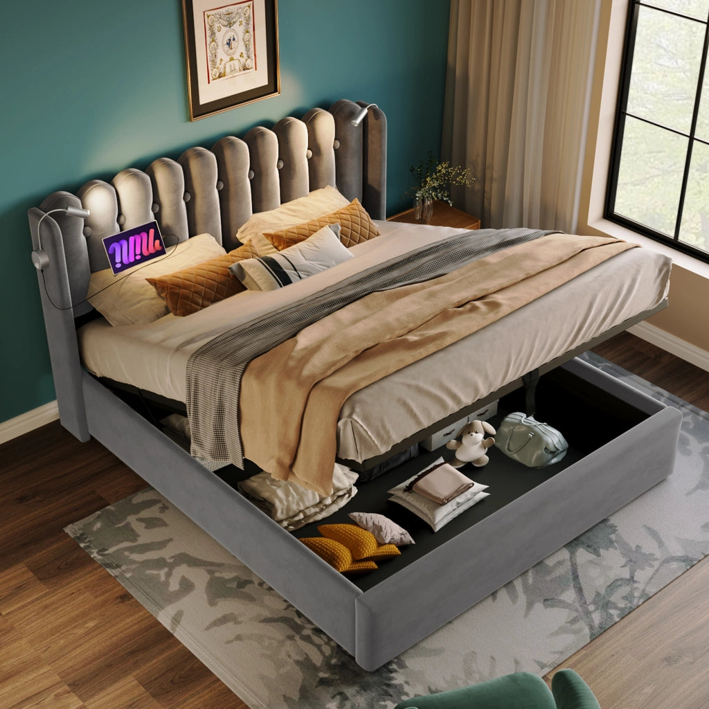 LETTO Contenitore 160x200 cm in Velluto Grigio con materasso incluso
