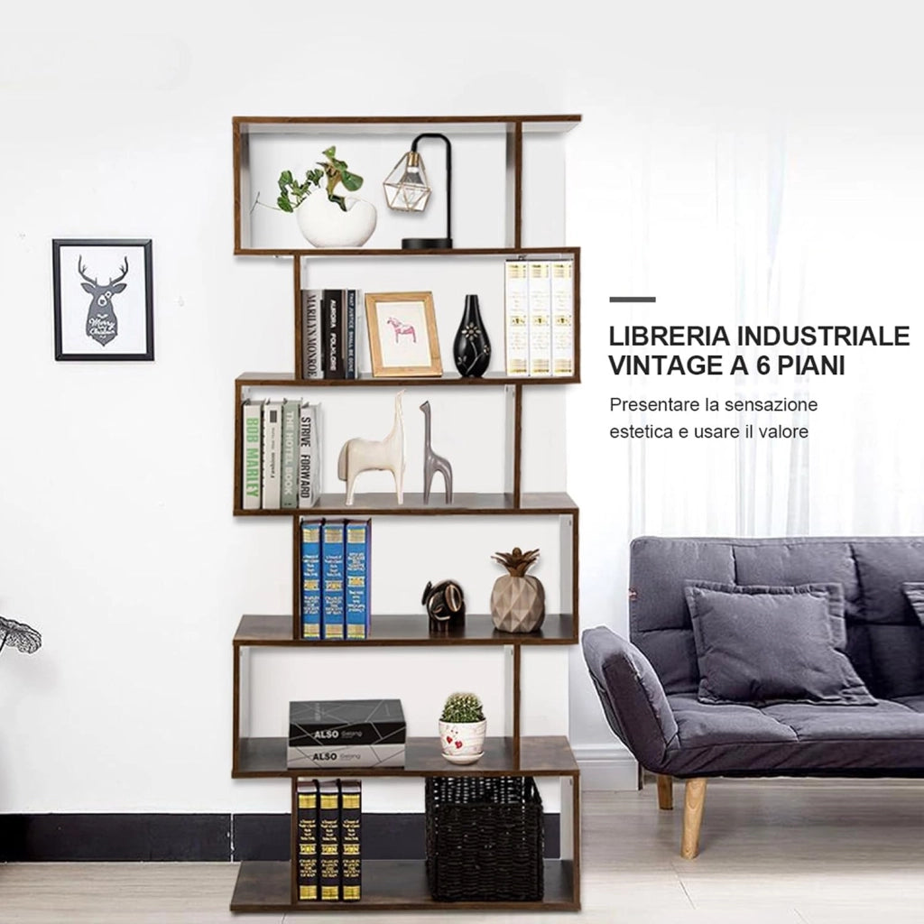Scaffale a 6 Ripiani, Libreria a Forma di S, Libreria Scaffale da Terra in Legno, Divisorio per Soggiorno, Camera da Letto, Ufficio, 80 x 23 x 192 cm (Caffè)