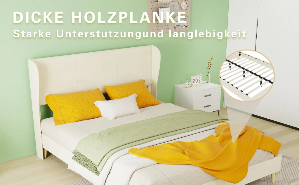 Letto imbottito moderno minimalista con testiera morbida, 140x200 cm, beige, base bassa non contenitore (senza sollevamento a gas), materasso escluso