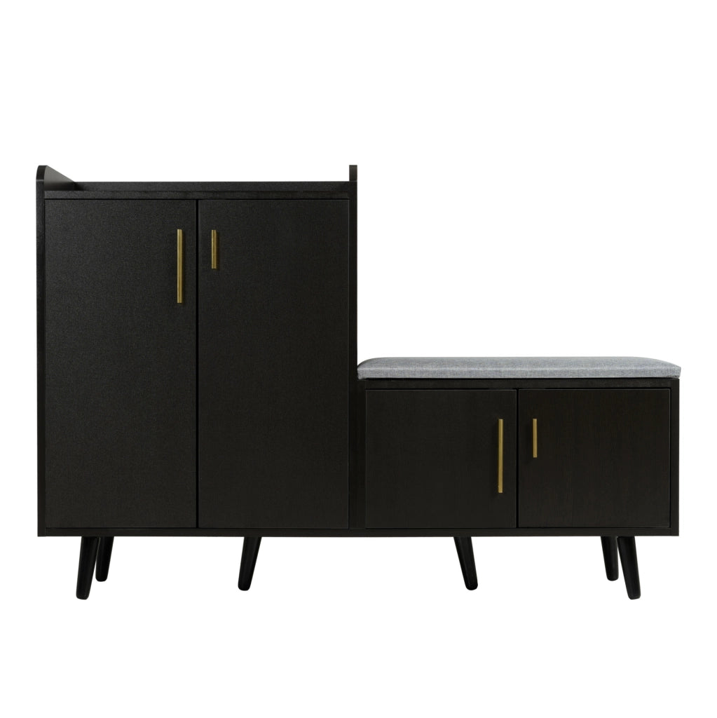Scarpiera 120x34x82 cm con seduta imbottita; pannello truciolare e metallo; nero e noce scuro