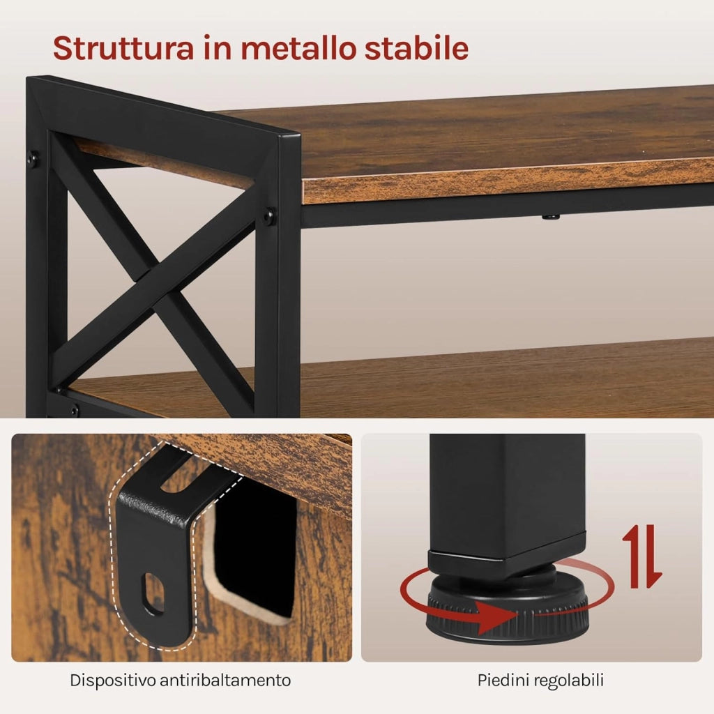 Credenza Cucina con 3 Ante, Mobile Buffet Salvaspazio con 2 Ripiani Regolabile, in Legno e Metallo, per Cucina, Soggiorno, Ingresso, 110x33x75 cm, Marrone Rustico