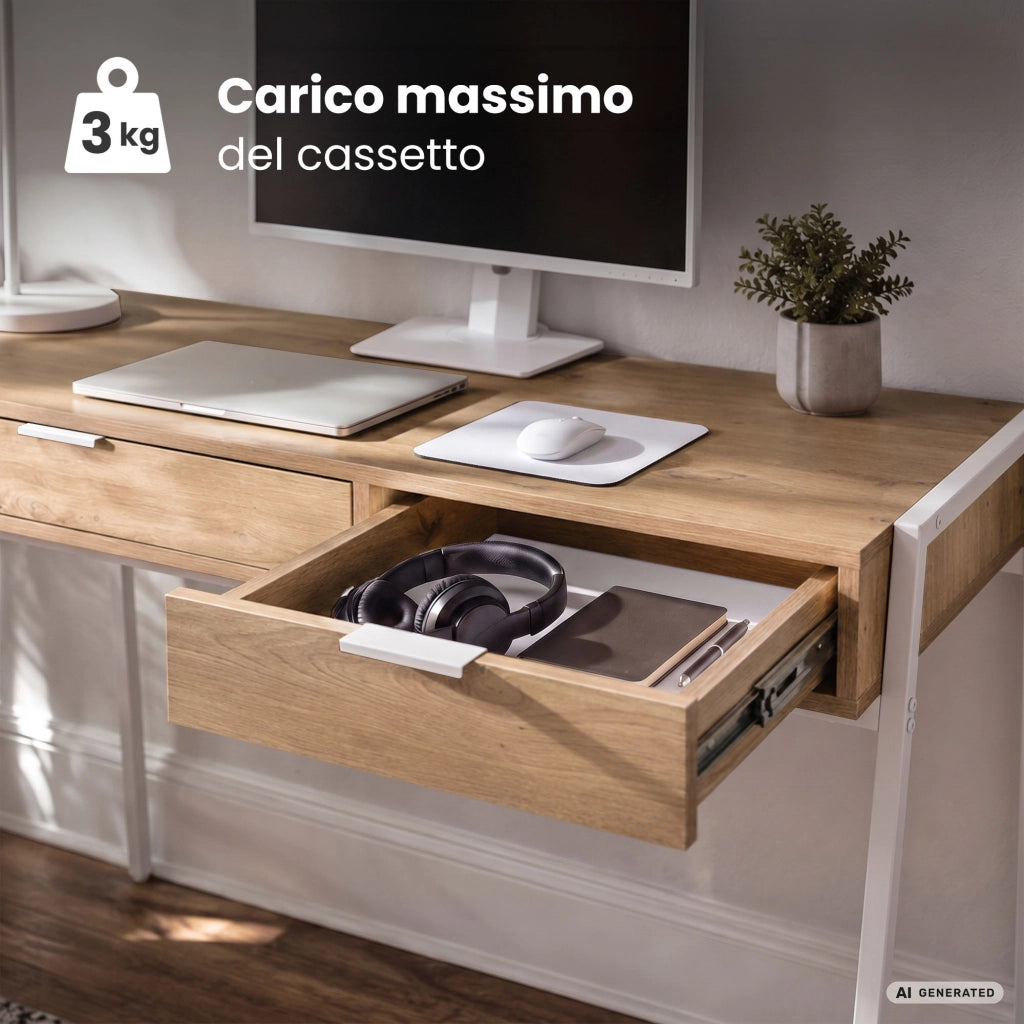 Scrivania industriale per computer Rovere Artisan ZENTIA 100 cm 2 cassetti gambe bianche