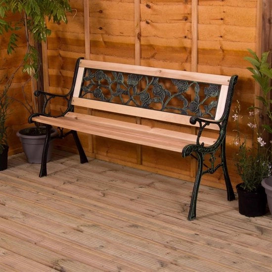 Banco da Giardino a Stile di Rosa - 3 posti arredo da giardino - Lattice in legno - Zampe in ghisa fusa