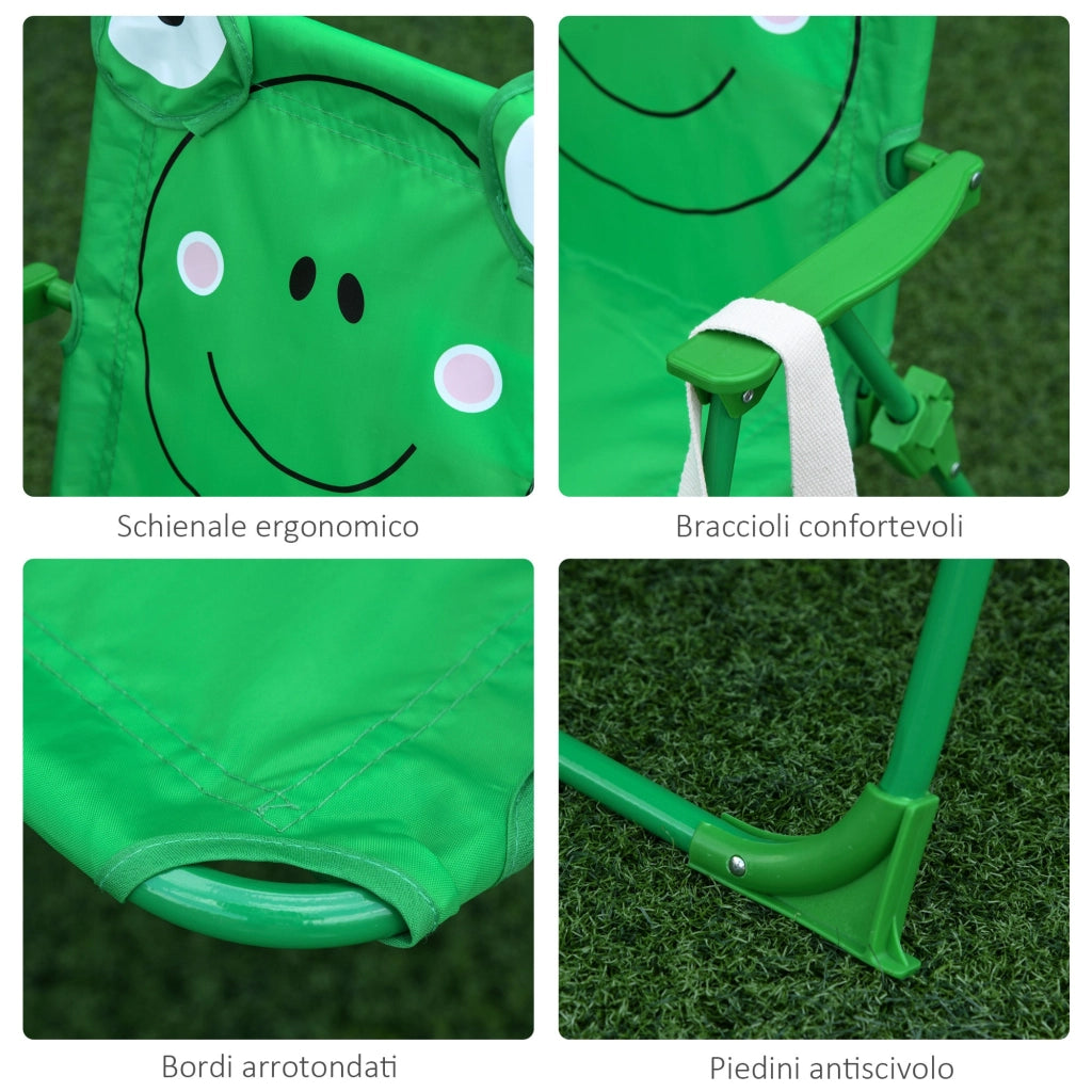 Set Tavolino e 2 Sedie Pieghevoli da Giardino per Bambini con Ombrello Verde Rana