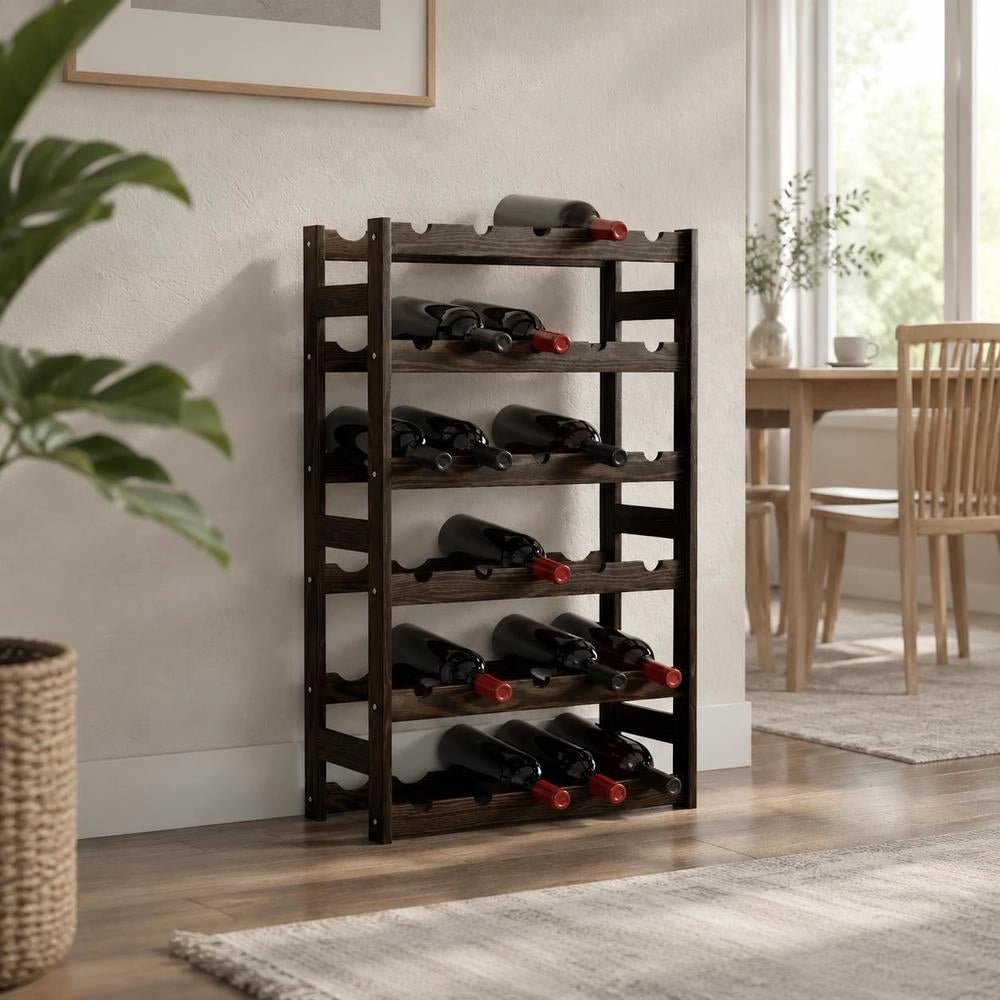 Wine Rack For 30 Bottles, Black Solid Pine Wood