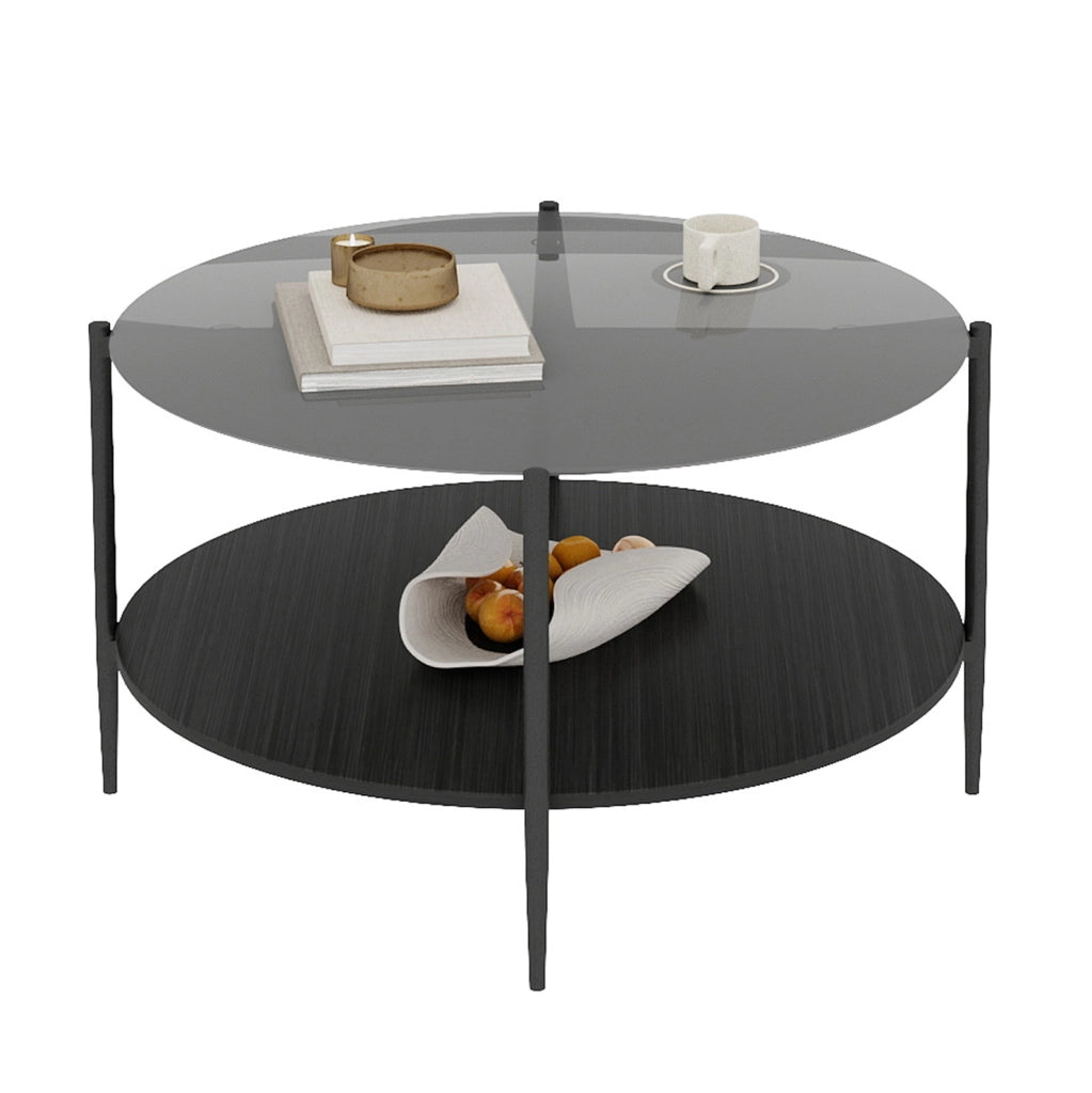 Tavolino da caffè rotondo 2 ripiani vetro nero Ø82 cm