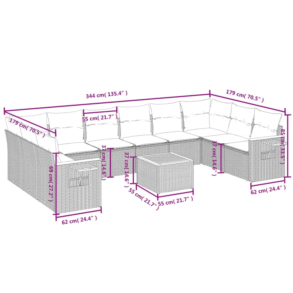 Set Divani da Giardino 11 pz con Cuscini in Polyrattan Grigio 3227173