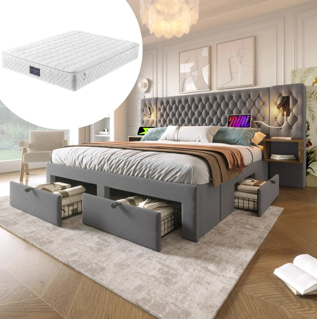 Letto matrimoniale 160 x 200 cm con comodini, cassetti e materasso