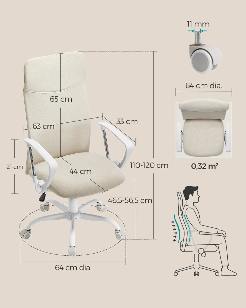 Sedia da ufficio sedia ergonomica seduta girevole imbottita rivestimento in tessuto altezza regolabile meccanismo di inclinazione capacità di carico 120 kg beige 12_0005877