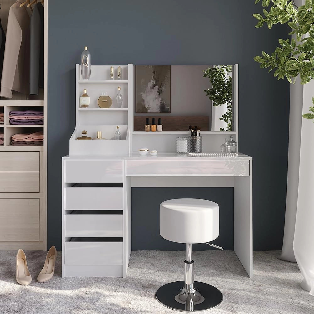 Tavolo da toeletta Sherry, Bianco/bianco lucido, 119.8 cm 4 parti