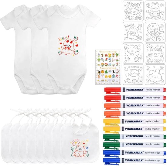 8 pezzi di tessuto bianco per decorare DIY set di tessuto per bambino con 3 maniche corte corpo 43x21cm con 10 pennelli per tessuto e 8 stencil per dipintura per bambino di 9 mesi decorazione per baby shower