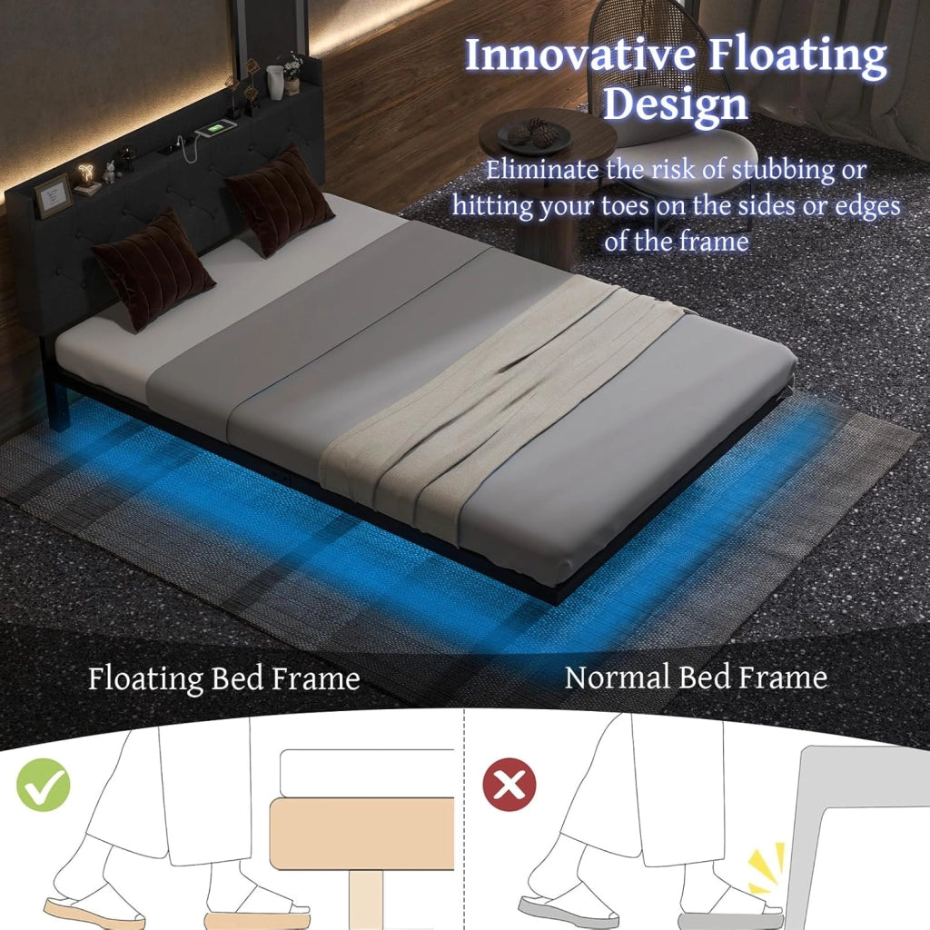 Letto Matrimoniale 140 x 200 Testiera con Luci LED, Struttura Letto a Doghe Carico 300 kg，Lettino con Struttura Moderno, Senza Materasso，Nero