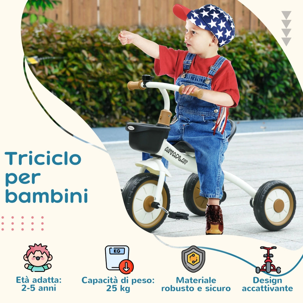 Triciclo per Bambini da 2-5 Anni con Seduta Regolabile e Campanello, 70.5x50x58cm, Bianco