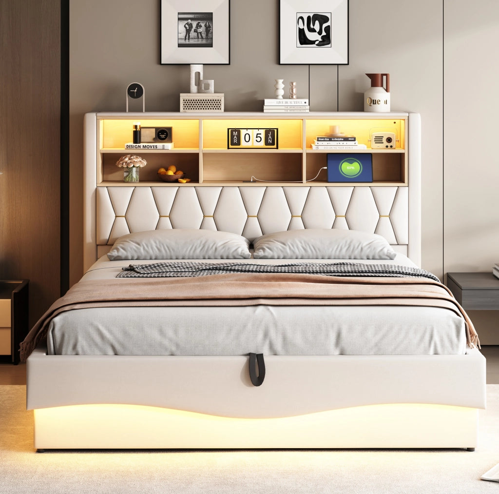 Letto imbottito 180x200 cm beige con LED, USB e vano contenitore