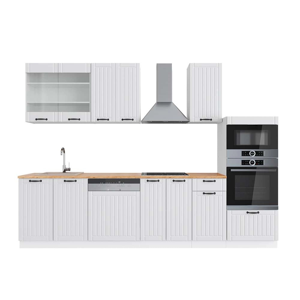 Cucina componibile Fame-Line Bianco rustico/Bianco 300 cm con armadio alto, PL Rovere Vicco