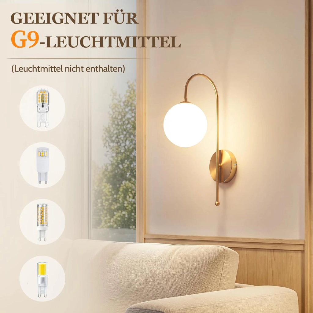 ZMH Lampada da Parete Interni Oro G9 Vetro Sferico 47cm Rotonda Vintage Metall per Soggiorno Hotel Senza Lampadina