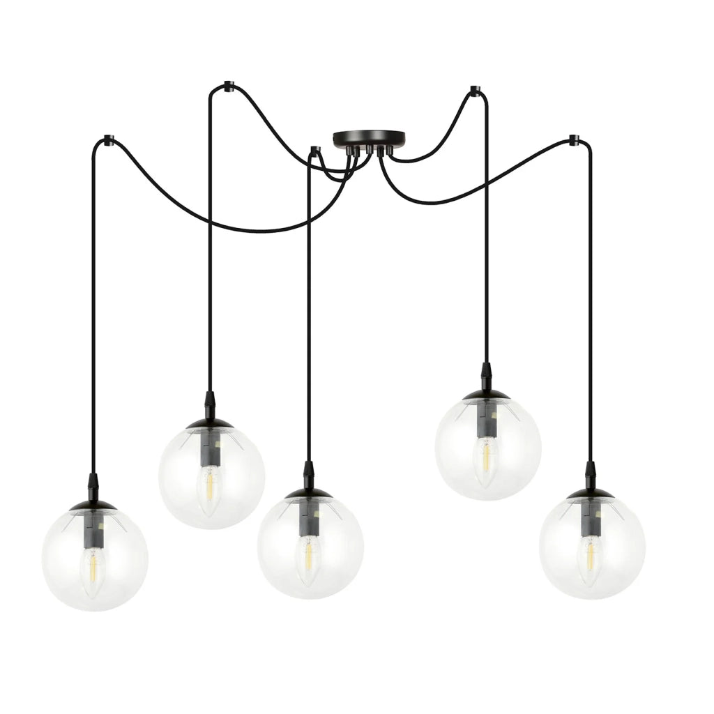 Lampadario 5 Luci Ginevra In Acciaio Nero Con Cavo Lungo E Vetri Trasparente