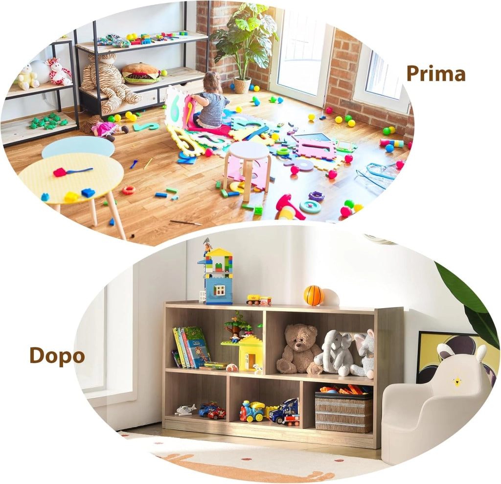 Libreria per Bambini e Organizer Giocattoli, Scaffale di Legno Con 5 Scompartimenti, Per Stanza dei Giochi Camera Dei Bambini Angolo di Lettura Classe Scuola Materna (Naturale)