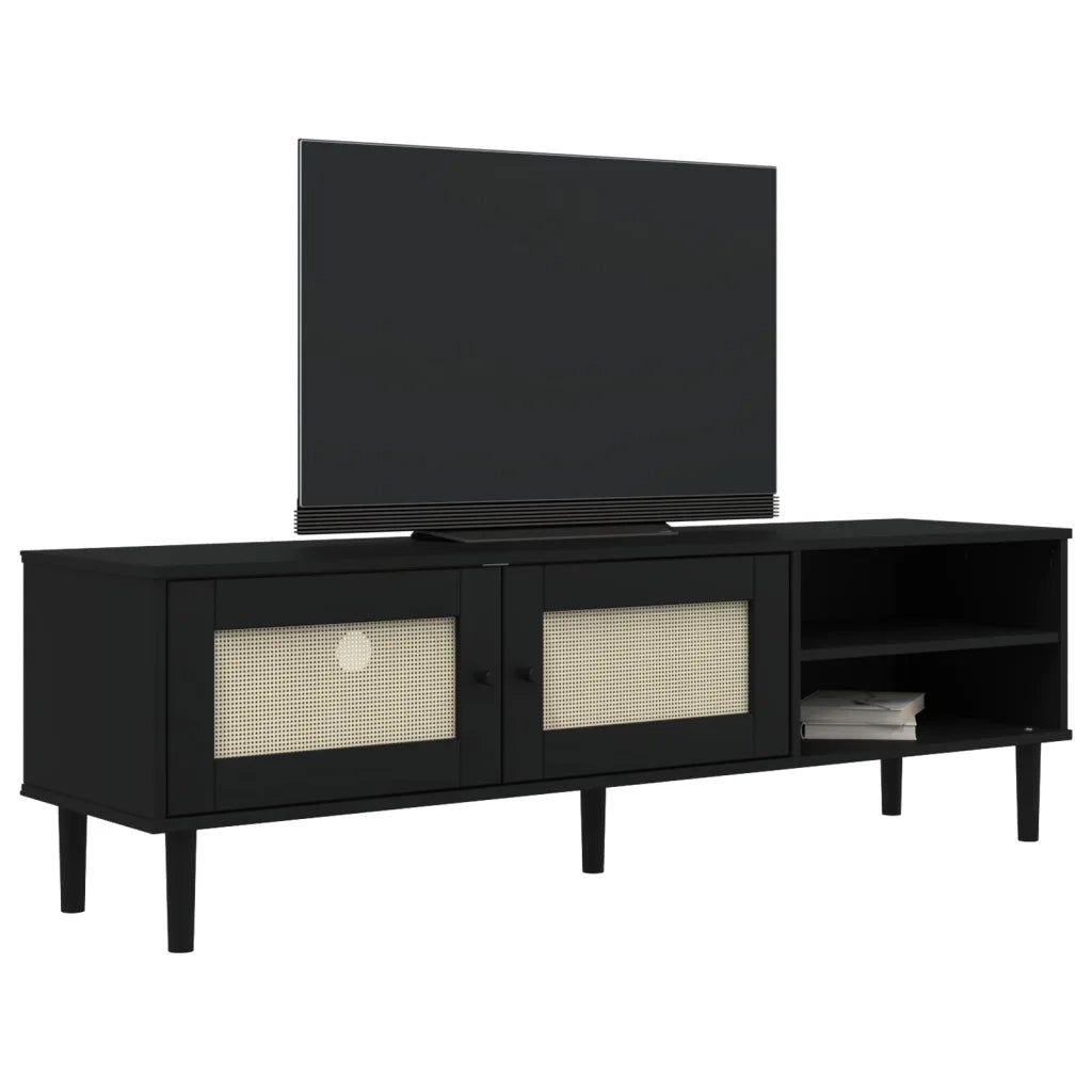 Mobile TV SENJA Aspetto Rattan Nero 158x40x49 cm Massello Pinocod mxl 84508