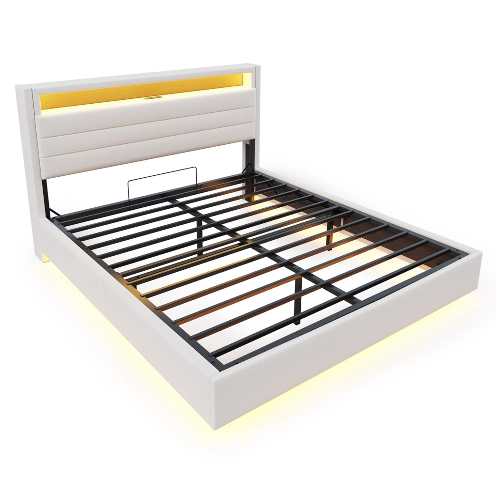 Letto contenitore matrimoniale 140×200 cm con USB; LED e testiera reversibile; senza materasso; tessuto; beige